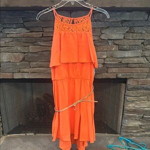 GB Girls Orange Ruffled Tiered Halter Sundress